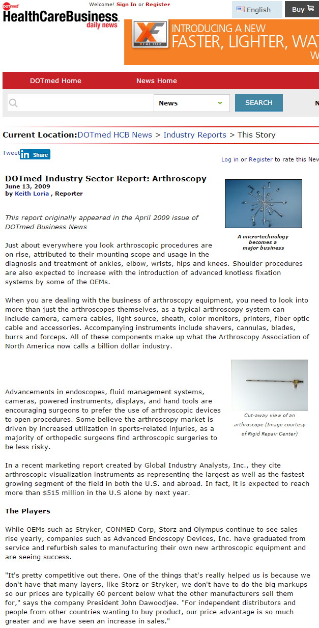 DotMed Article Arthroscopy Sector Report Advanced Endoscopy Devices