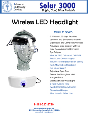 Solar 3000 Wireless LED Headlight Promo Sheet Advanced Endoscopy Devices
