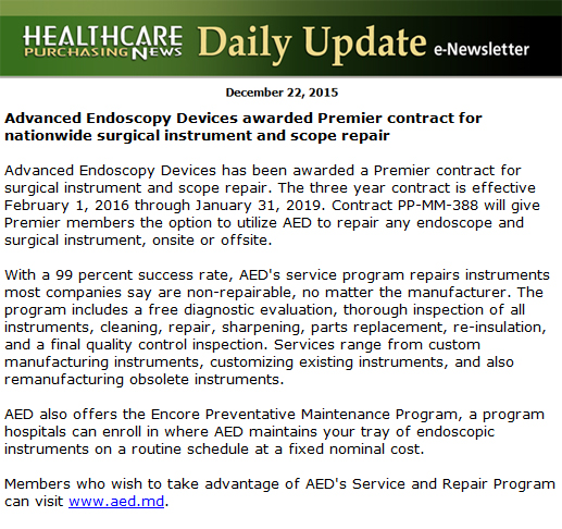 Healthcare Purchasing News Premier Repair Contract Advanced Endoscopy Devices